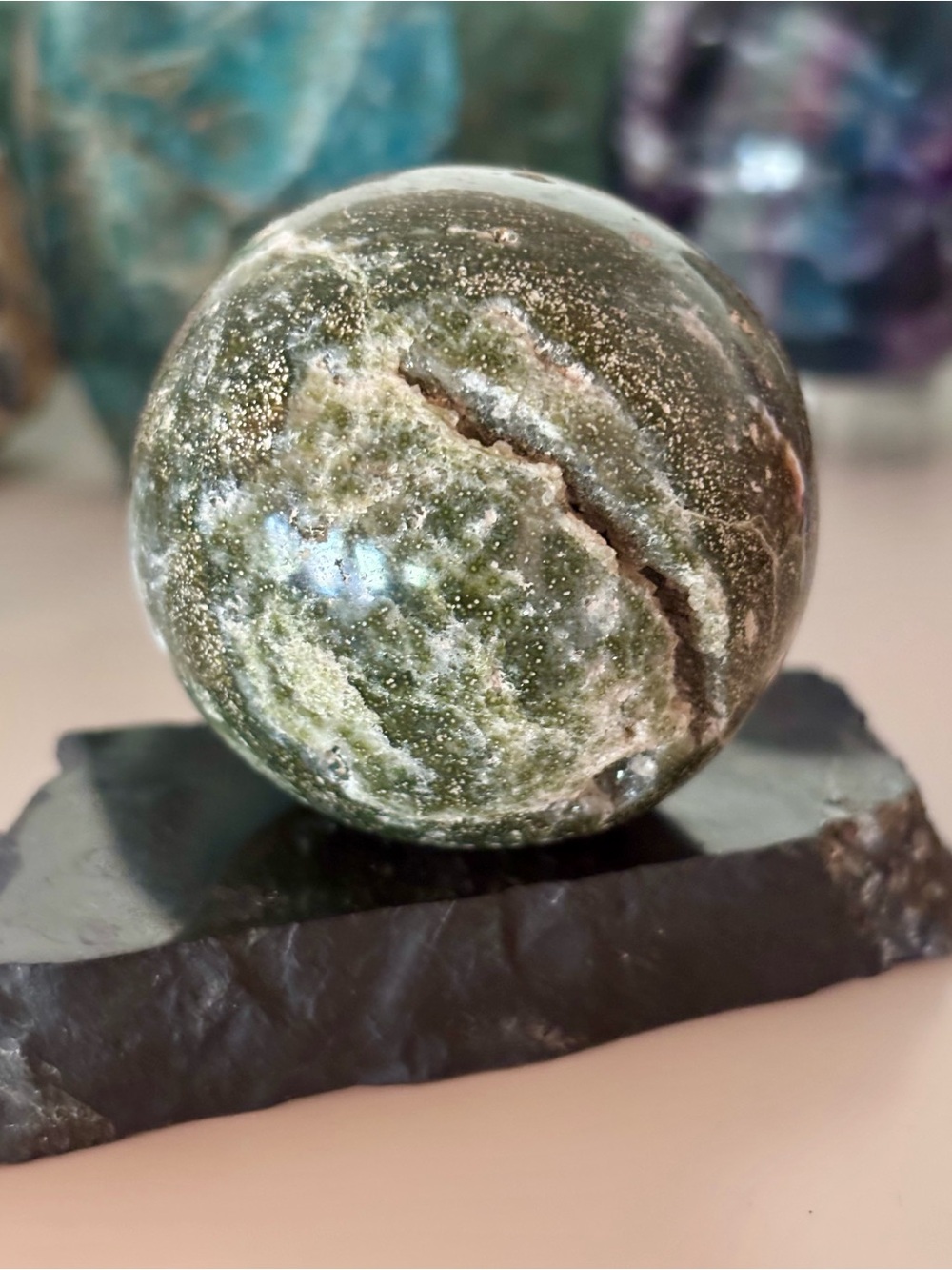 Ocean Jasper Sphere – Green Druzy Crystal Sphere with Clear Stand
